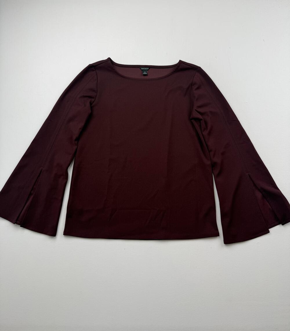 Ann Taylor Blouse Womens XS Red Boat Neck Long Bell Sleeve Basic Knit Top